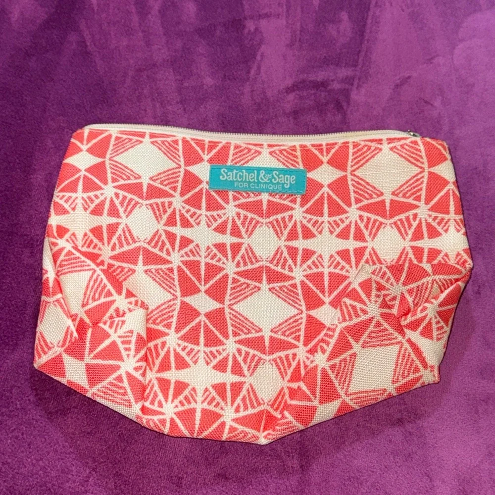 Clinique Satchel & Sage Orange and ivory white cosmetics travel case makeup bag